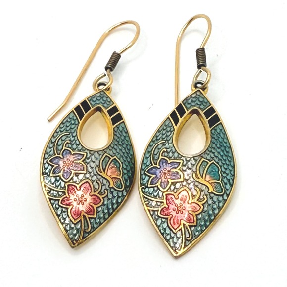 Vintage Cloisonne Floral and Butterfly Dangle Drop Pierced Earring - Picture 3 of 3